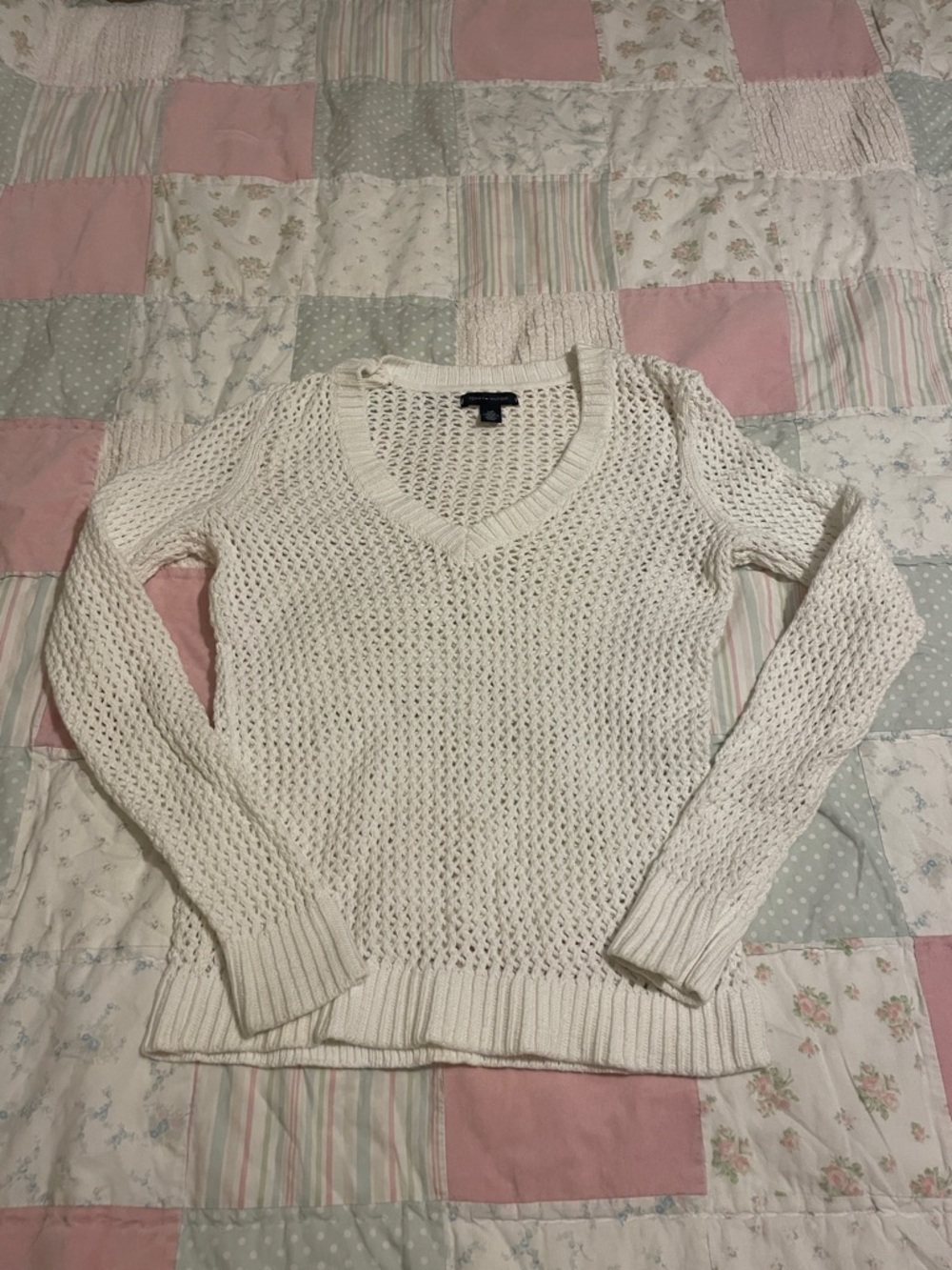Women's Cream V-Neck Open-Knit Sweater